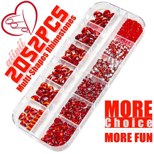 qiipii 2052Pcs Red Nail Art Rhinestones Multi Shapes Crystal Flatback Rhinestones Gems Siam Red Round Beads K9 Glass Stones Diamonds jewels Nail Art Supplies Charms for Nails Faces Eyes Makeup Crafts