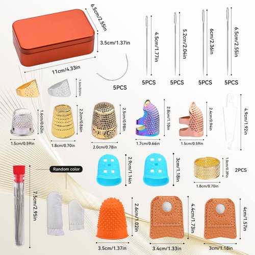 Mnuizu Sewing Thimble Set with Storage Box - Includes Sewing Big Eye Needle, Finger Protector & Adjustable Finger Guard - Quality Metal Copper Thimble - Ideal Sewing Tools for DIY Projects