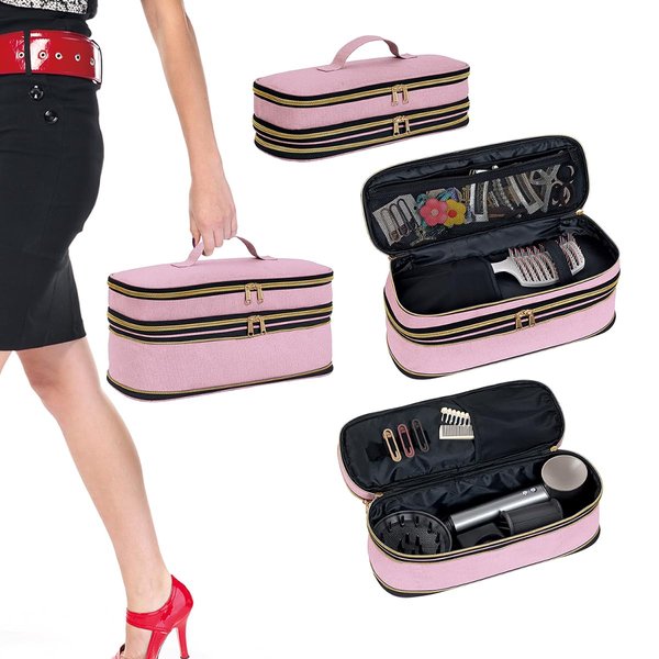 UOZL Hair Dryer Travel Carrying Case, Curling Iron Storage Bag, Slim Expandable Handheld Dual Layer Travel Storage Bag for Dryer/Hair Tool Organizer/Style Organizer (Pink)