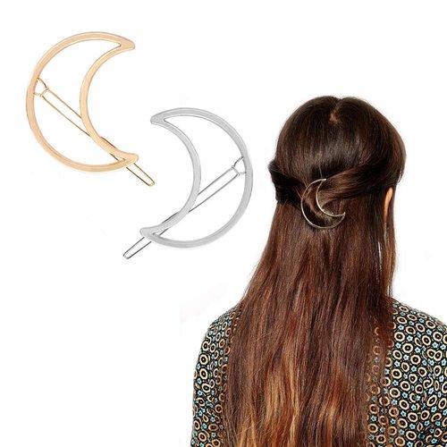 AKOAK Hollow Hoop Crescent Moon Shape Geometric Metal Hair Clip Bobby Pin Ponytail Holder Hair Accessories for Women and Girl (2 Pcs/Lot,1 Gold & 1 Silver)