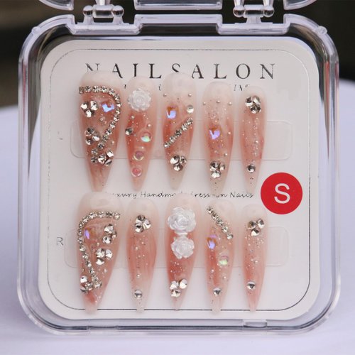CAMILCY Handmade Nails Press on Long pointed tip Pink Hand Painted Reusable Gel UV Finished Pre Shaped False Nails for Women 10pcs 3D Glitzadora Handmade Nails(Gradient Pink size M 10Pcs)