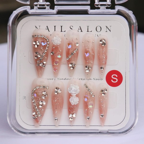 CAMILCY Handmade Nails Press on Long pointed tip Pink Hand Painted Reusable Gel UV Finished Pre Shaped False Nails for Women 10pcs 3D Glitzadora Handmade Nails(Gradient Pink size M 10Pcs)
