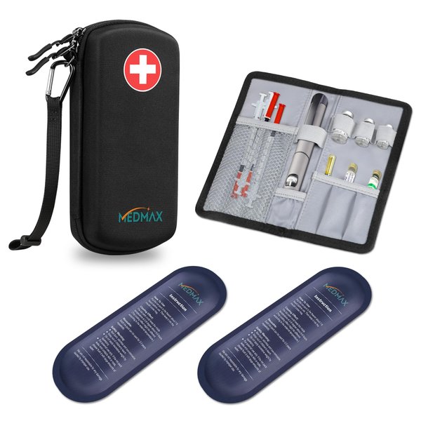 MEDMAX Hard Shell Insulin Cooler Travel Case with 2 Ice Pack, Shock Absorption Insulated Diabetic Medication Organizer Carrying Bag with Extra Pouch for Insulin Pen and Other Diabetic Supplies, Black