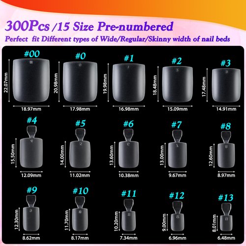 INENK Long Square Toe Nail Tips for Wide Nail Beds, Matte Pre-shaped Full Cover False Toenails Gel Tips Press on Nails, Summer Toe Tips for Soak off Gel Extension at Home DIY(300PCS 15SIZE)