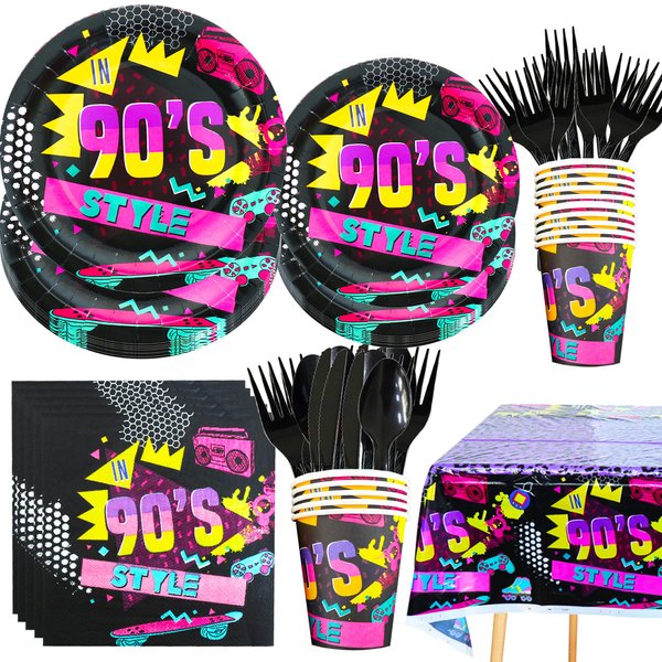 161Pcs 90s Party Decorations Disposable Tableware Set Party Supplies Plate,Cup,Cutlery,Tablecloths for Back to 90s Throwback Theme Birthday Baby Shower Wedding Party Decorations