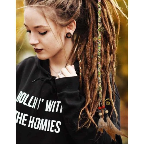 Nutty Natte 2 PCS Hippie Hair Extension Dreadlocks Hairclip Feather Beads Pendant Dread Wrap Hair Fall Hair Wrap Colorful Accessories for Dreads Braids Curls