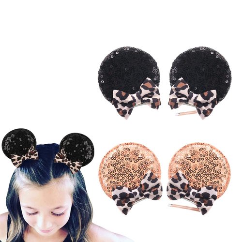 JIAHANG 2 Pairs Mouse Ear Clips with Glittering Sequin Bow, Girls' Hair Barrettes Hair Accessories for Theme Birthday Party Festival Decoration