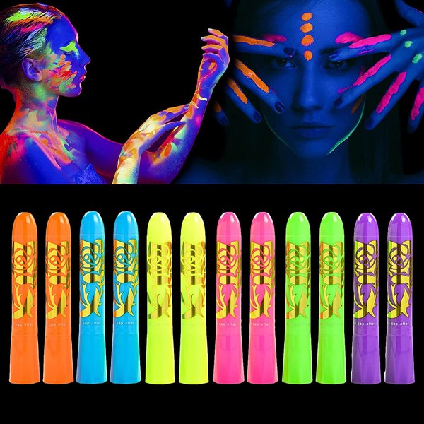 12 Pcs Glow in The Dark Body Face Paint Neon Glow in The Black Light UV Fluorescent Crayons Paint Sticks Makeup Kit for Kids Adults Halloween Masquerade Mardi Gras Blacklight Birthday Party