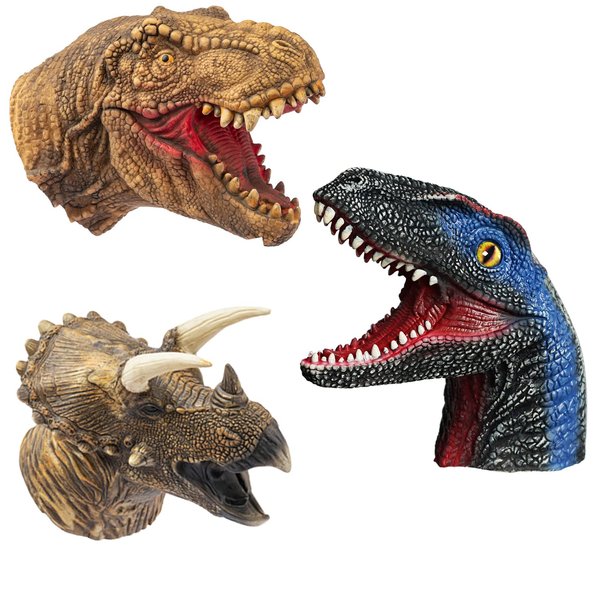 Yolococa Dinosaur Hand Puppets Realistic Latex Soft Animal Head Toys Set, Hand Puppet Toys Gift for Kids, Party Show Imaginative Play (Tyrannosaurus & Triceratops & Velociraptors)