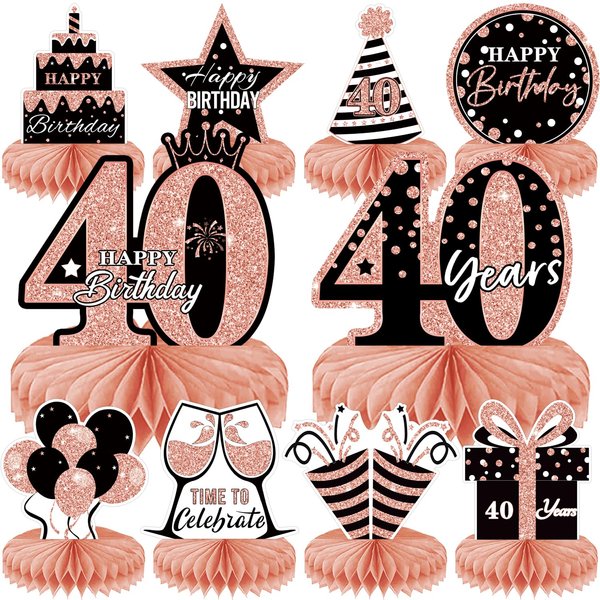 10Pcs Rose Gold Pink 40th Birthday Decorations Honeycomb Centerpieces for women ,Happy 40th Birthday Centerpieces Tables Toppers Party Decorations Supplies,40th Birthday Table Sign Decor