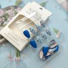 30Pcs Flower Press Ons French Tip Press on Nails Short Almond Fake Nails Blue Glossy Full Cover Design Acrylic Nails Spring Summer Short False Nails Reusable Glue on Nails Set for Women Girls