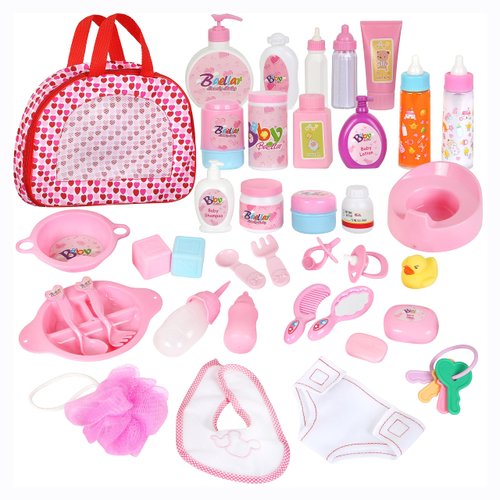 fash n kolor Complete Baby Doll Feeding & Caring Set, 38 Piece Baby Doll Accessories, 2 Magic Bottles with Baby Doll Accessories Bag