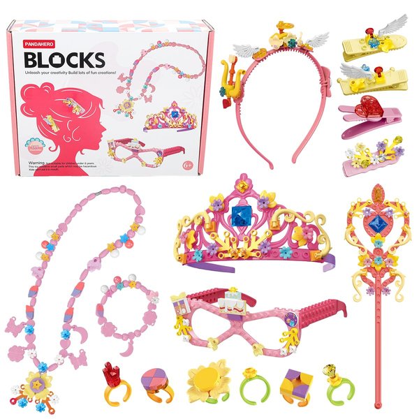 Building Blocks Toys Set for Kids Creative DIY Stacking STEM Educational Toys Fun Preschool Building Toy Includes Necklaces, Bracelets, Rings, Crown, Glasses, Hairpins, Wand