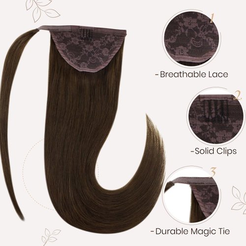 Hetto Brown Pony tails Hair Extensions Dark Brown Wrap Around Ponytail Human Hair #4 Chocolate Brown Ponytail Extensions Human Hair 18 Inch 80g