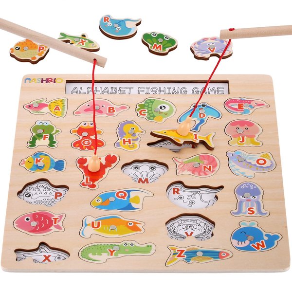 NASHRIO Magnetic Wooden Fishing Game Toy for Toddlers, Alphabet Fish Catching Games Puzzle with Letters, Preschool Learning ABC Educational Toys for 3 4 5 6 Years Old Girl Boy Kids