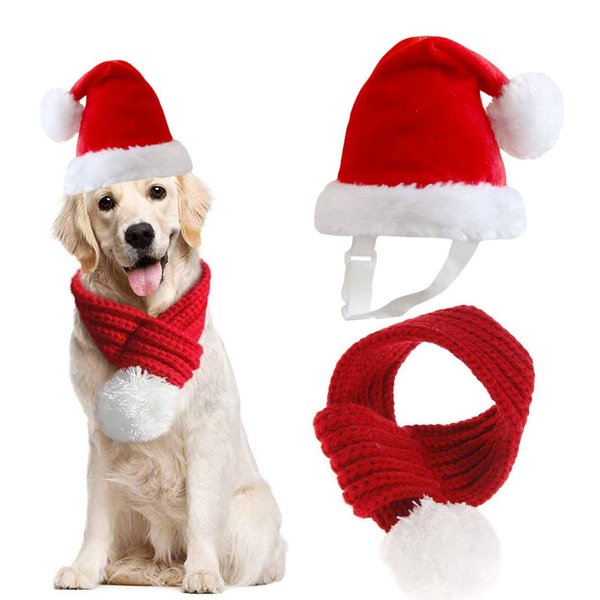 Inscape Data Christmas Dog Santa Hat with Scarf, Adjustable Santa Hat for Dog and Xmas Pet Knit Red Scarf with White Pompom Ball, Dog Winter Neck Warmer Scarf, Christmas Party Dressup