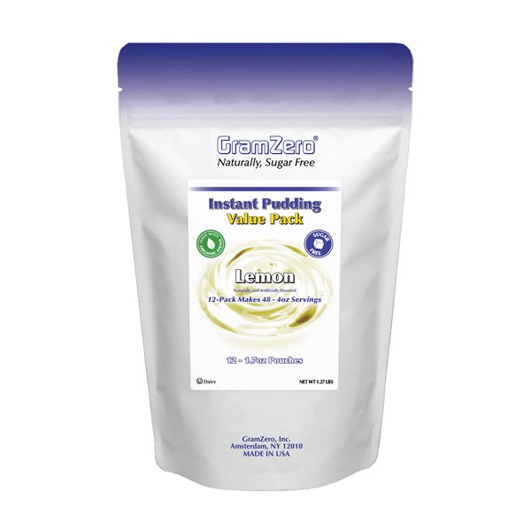 GramZero Lemon Sugar Free Pudding Mix 12-Pack, Great For Nutrition Club Meal Replacement Shakes, Low Calorie Dessert, Stevia Sweetened