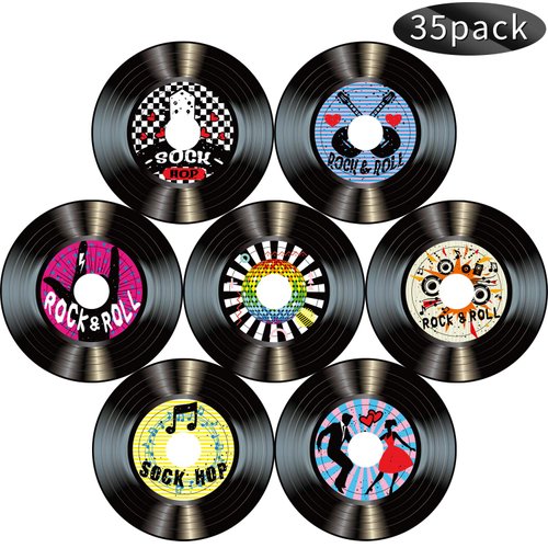 Boao 35 Pcs 50s Party Decorations 7 Inch 1950's Record Wall Decor Rock and Roll Party Decorations Retro Aesthetic Record Sign Cutouts for 50's Themed Party Music Party Supplies