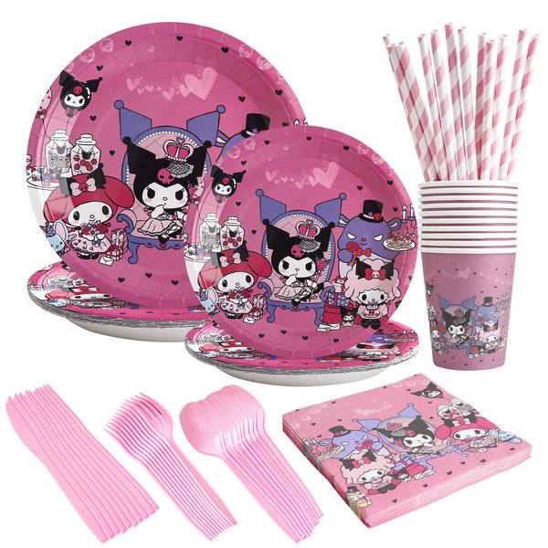 92 PCs Cute Anime Party Plates and Cups and Napkins sets for Girl Pink Birthday Kawaii Party Supplies ,Anime Cosplay Girl Birthday Decorations Serves 10 Guests