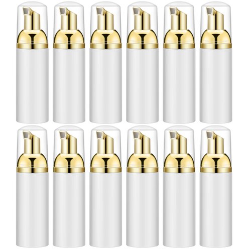IRON BILL 2 Oz Empty Foam Pump Bottle (12PCS) Travel Foaming Soap Dispenser for Hand Soap, Lash Shampoo Cleanser (White&Gold)