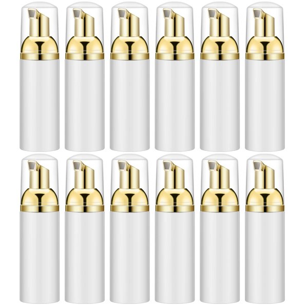 IRON BILL 2 Oz Empty Foam Pump Bottle (12PCS) Travel Foaming Soap Dispenser for Hand Soap, Lash Shampoo Cleanser (White&Gold)