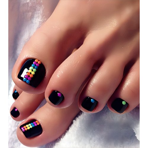 Aegenacess 28pcs Toenail Press on Summer Fake Toe Nails Press ons False Nail Tips Beach Short Pedicure Kit for Women (Black Mixed Dots)