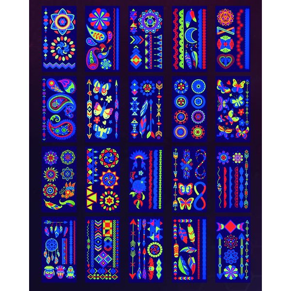 Ozepao 20 Sheets Glow in The Black Light Temporary Tattoos, Glow Party Supplies for Adults and Kids, 160+ Neon UV Glow Fluorescent Designs, Perfect for Neon Raves, Festivals, Birthday Parties and More