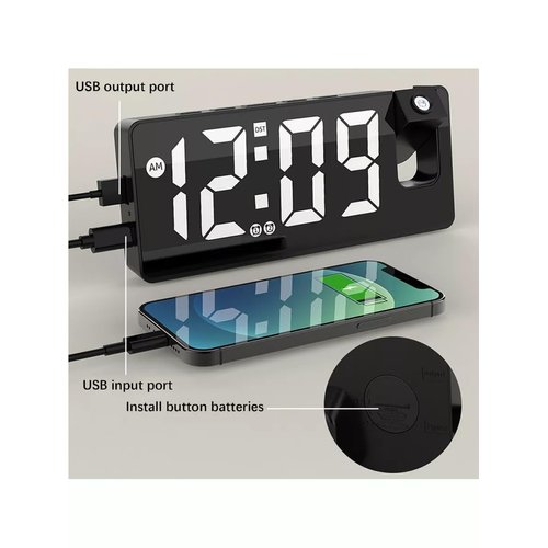 Projection Alarm Clock with USB Charging Multi-Function LED Large Digital Display Mirror Design Bedroom 180° Rotatable 24 Hour