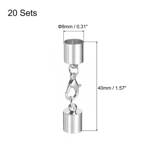 uxcell 20Sets 8mm Leather Cord End Caps with Lobster Claw Clasps, Barrel Terminators for DIY Making Leather Bracelets, Silver Tone
