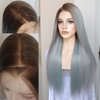 K'ryssma Highlight Pink Cyan Grey 13x6 Lace Frontal Wig Pre Plucked Glueless Long Straight 3 Tone Brown Roots Ombre Cyan Skunk Stripe Pink Synthetic 13x6 Lace Front Wigs for Women 24 Inches