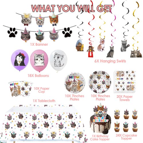 Nicime Cat Birthday Party Decoration Set, Lovely Cute Happy Birthday Party Supplies with Banner, Balloon, Hanging Swirl, Tablecloth, Plate, Paper Cup, Paper Towel, Cake Topper, Cupcake Topper