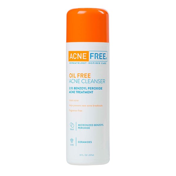 Acne Free Oil-Free Acne Cleanser, Benzoyl Peroxide 2.5% Acne Face Wash with Glycolic Acid to Prevent and Treat Breakouts, 8 Ounce