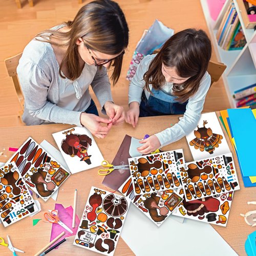 Eunvabir 24 Sheets Make-A-Turkey Stickers Thanksgiving Party Favors, Thanksgiving Crafts Gifts for Kids, DIY Activities Stickers for Fall Autumn Harvest Games Toys Decorations Friendsgiving