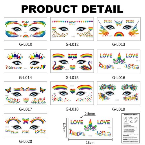 Pride Day Rainbow Face Temporary Tattoos Sticker for Women Girls Eye Face Makeup Decoration Gay LGBT Butterfly Unicorn Heart Rainbow Body Art Waterproof Fake Tattoo for Festival Parade Party 10 Sheets