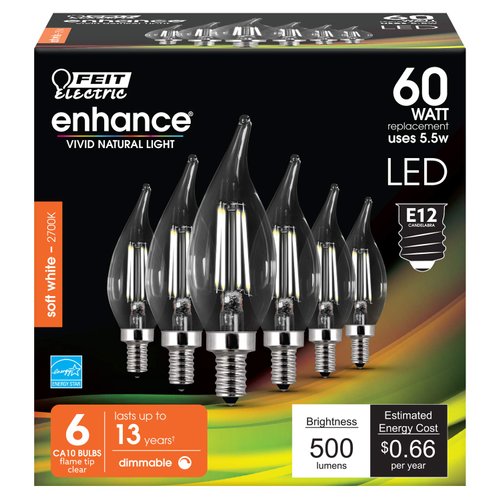 Feit Electric 60-Watt Equivalent CA10 LED Light Bulb, Dimmable Enhance Glass Candelabra Filament, 500 Lumens, 13 Yrs. Lifetime, 2700K Soft White, 6-Pack - CFC60/927CA/FIL/6