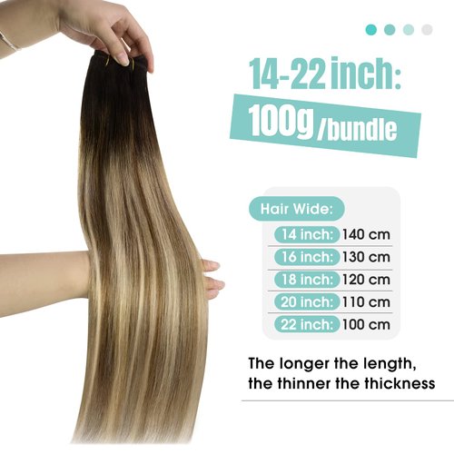YoungSee Sew in Hair Extensions Double Weft Hair Extension Human Hair Dark Brown Roots Blending into Medium Brown with Warm Blonde Highlight Soft and Smooth Sew in Real Hair Extensions 100G 18Inch