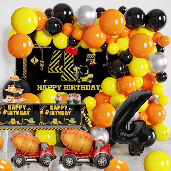Construction 4th Birthday Party Supplies, Construction Birthday Party Decorations Kit - Balloon Garland Arch Kit, Construction Birthday Backdrop,Tablecloth,Foil Confetti Balloons