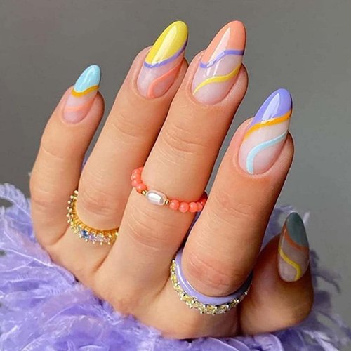 Hkanlre Almond Press on Nails Medium Swirl Fake Nails Acrylic Cute False Nails Full Cover Glossy Nails for Women and Girls 24PCS