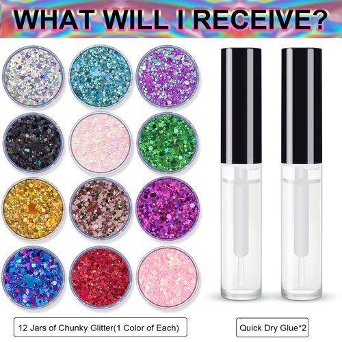 12 Jars of Cosmetic Chunky Glitter Shimmer Body Face Hair Eye Party Beauty Makeup Temporary Tattoos 12 Colors (96g/3.38oz) + Quick Dry Glitter Glue(10ml)