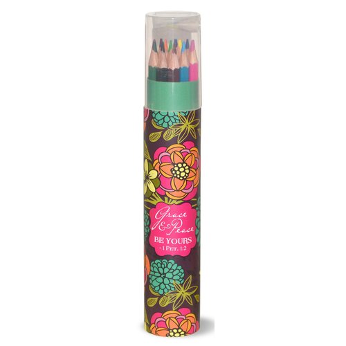 Grace Peace Floral 12 Count Colored Pencils and Reusable Container with Sharpener