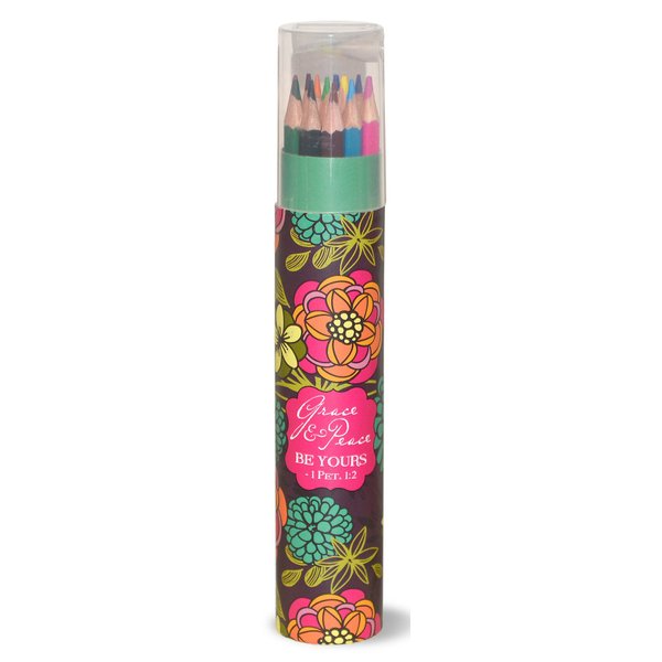 Grace Peace Floral 12 Count Colored Pencils and Reusable Container with Sharpener