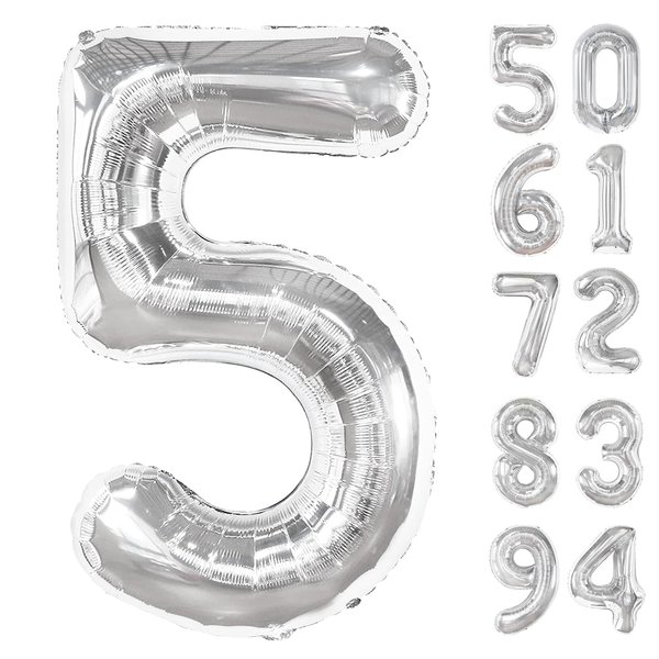 Silver 5 Balloon, Number Balloons 40 Inch, 5th Birthday Balloon Decorations, Silver and Black Party Supplies, 5 Number Balloons, Number 5 Balloon