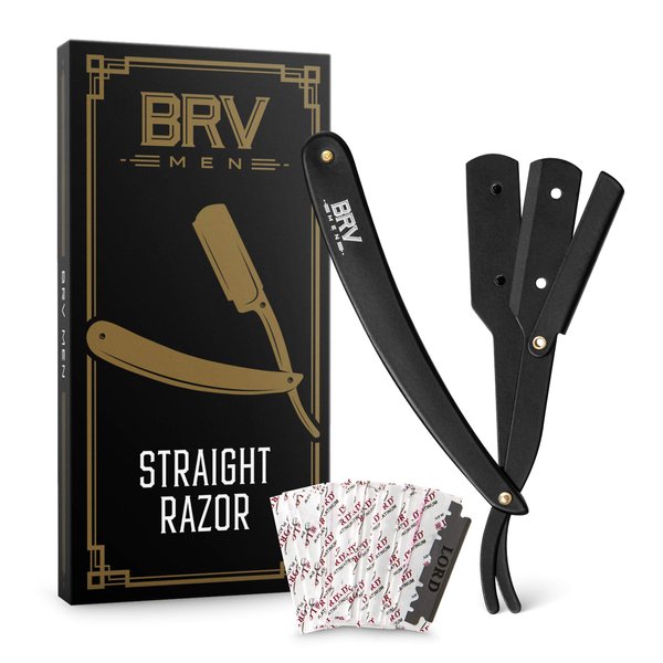 BRV MEN Professional GERMAN Steel Straight Edge Barber Razor w/ 100 Lord Platinum Single Edge Razor Blades | Straight Razors for Men | Barbershop Accessories | Mens Shaving Knife & Shavette - Black