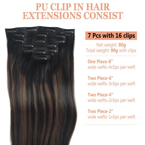 Seamless Clip in Hair Extensions Human Hair, 12 Inch Remy Human Hair Extensions Clip Ins Ombre Natural Black to Chestnut Brown Straight Invisible PU Clip in Real Human Hair Extensions 90g 7pcs