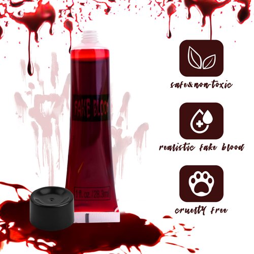 Halloween Fake Blood Washable + Fake Teeth Vampire Teeth + Black and White Face Painting Kit, Drip Liquid Blood for Clothes, Zombie, Vampire Monster SFX Makeup Face Body Paint