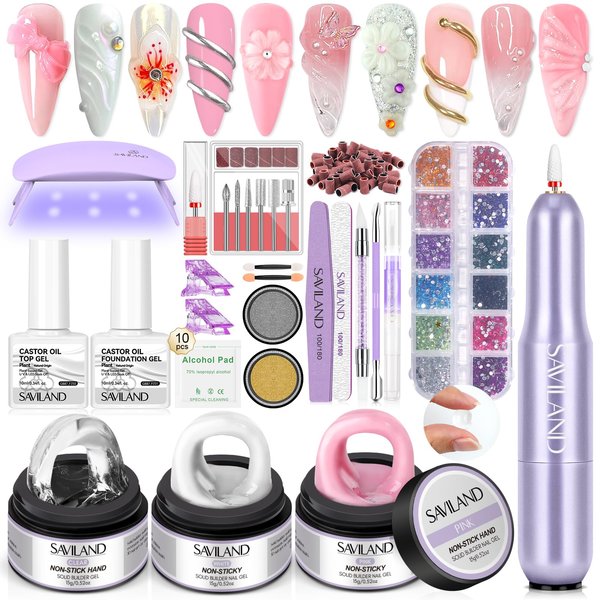 SAVILAND Solid Builder Nail Gel for Nails with Nail Drill: Clear White Pink Non-Sticky 3D Nail Gel with U V Light Chrome Nail Powder for Nail Extension Sculpture Nail Art Beginners DIY