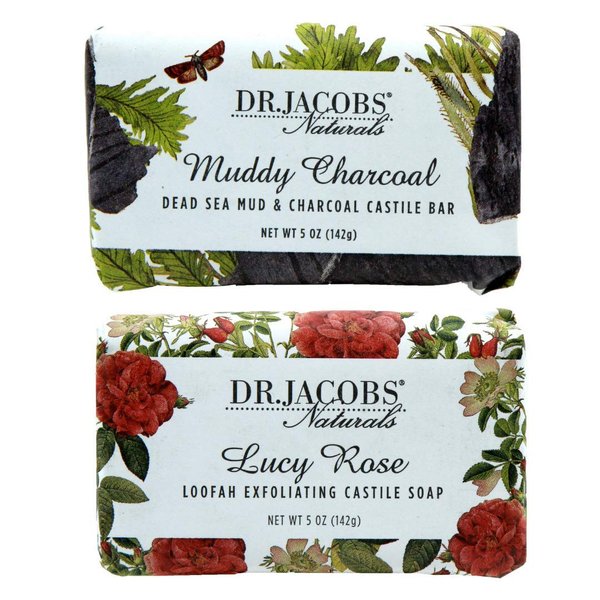 Dr Jacobs Naturals, Triple Milled Loofah Exfoliating Castile Bar Soap (Pack of 2) - Free of Parabens, Sulfates, Synthetics, Gltuen and GMO (Muddy Charcoal/Lucy Rose)