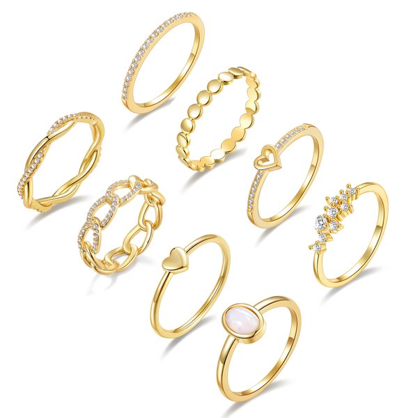 PLOMFOV 14K Gold/Silver Plate Stacking Rings Set for Women CZ Heart Simple Cute Stackable Rings Dainty Trendy Gold Statement Rings Plain Band Size 4-11 Gold 7