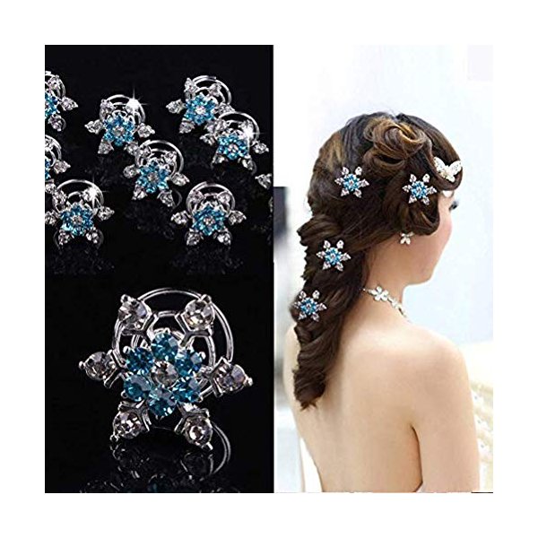 canjoyn 20 Pcs Snowflake Spin Hair Pins Swirl Hair Twists Coils Hair Clips Wedding Bridal Gem Rhinestone Metal Spiral Twist Bun Hair Pins Hair Accessories Jewel Hair Pin (Blue)