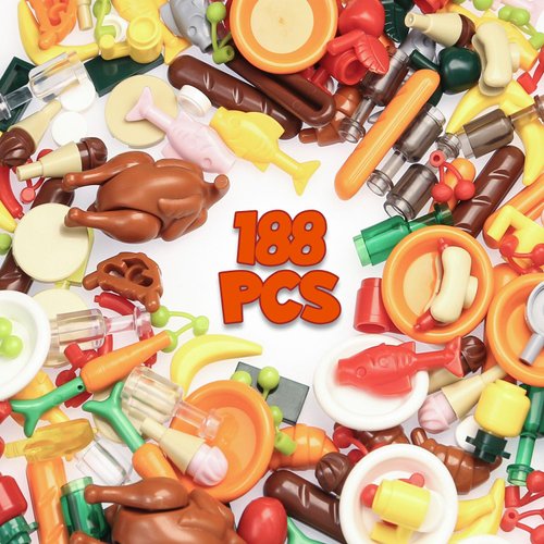 BrickBounty 188pcs City Food Bricks Set, Picnic Toys Friends Kitchen Fram Restaurant DIY Pieces Parts Ice-Cream-Cupcakes Turkey-Banana-Carrot-Bread Basket Fish